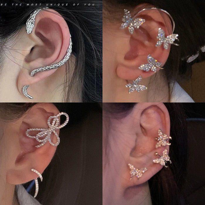 Korean Style Rhinestone Butterfly Bow Alloy Clip-on Earrings For Women Ear Cuff Jewelry