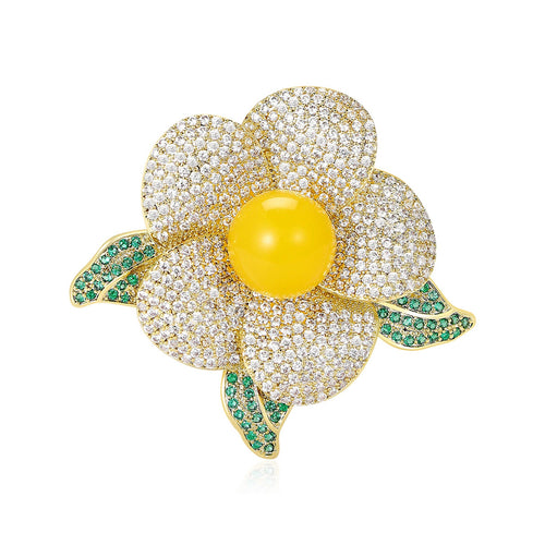 Alloy Zircon Amber Camellia Brooch For Elegant Apparel Decoration