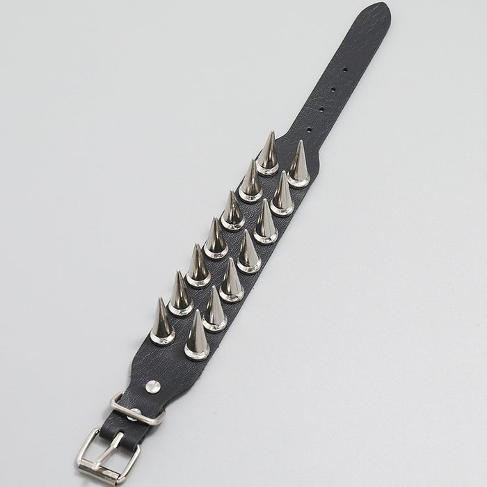 Men's Punk Leather Bracelet With Double Row Spike Studs, Rock Style Wristband Cuff Jewelry
