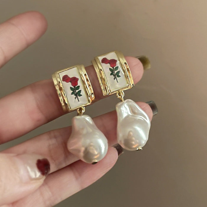 Alloy Flower Baroque Irregular Pearl Drop Earrings With Silver Needle Ethnic Style