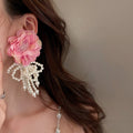 Korean Style Pearl Flower Butterfly Bow Tassel Long Boho Drop Earrings view 2