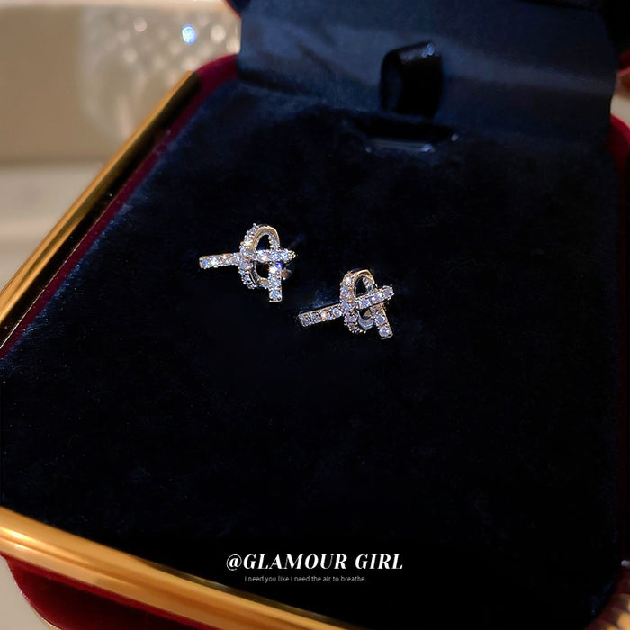 Copper Micro Pave Zircon Knot Geometric Hoop Stud Earrings Korean Minimalist Petite Jewelry