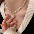 French Vintage Iridescent Pearl Heart T Toggle Necklace With Rhinestone Detail For Women view 3