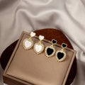 Elegant French Romantic Black White Enamel Heart Drop Studs With Micro Pave Zircon Lace Alloy Earrings view 1