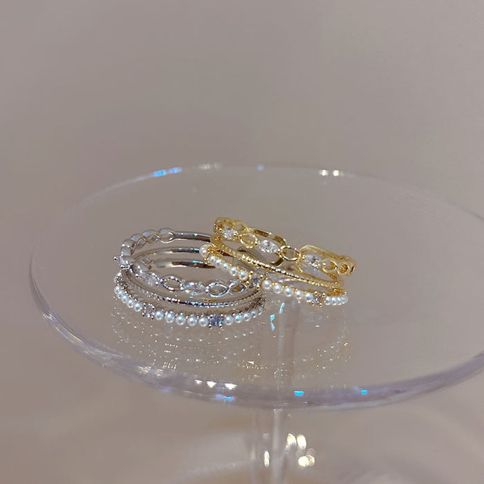 Korean Zircon Pearl Layered Open Ring For Women