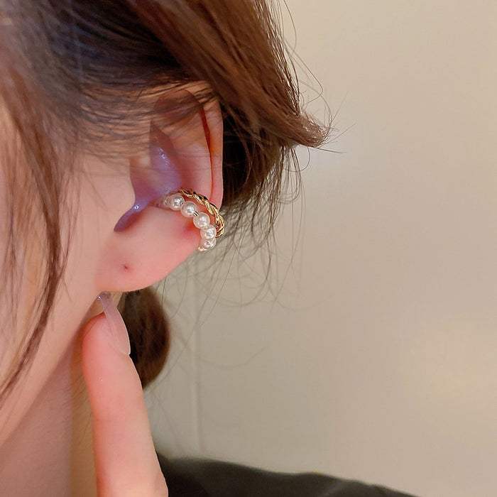 Real Gold Plated Copper Pearl Geometric Double Layer Clip-on Earrings Minimalist Round Ear Cuff