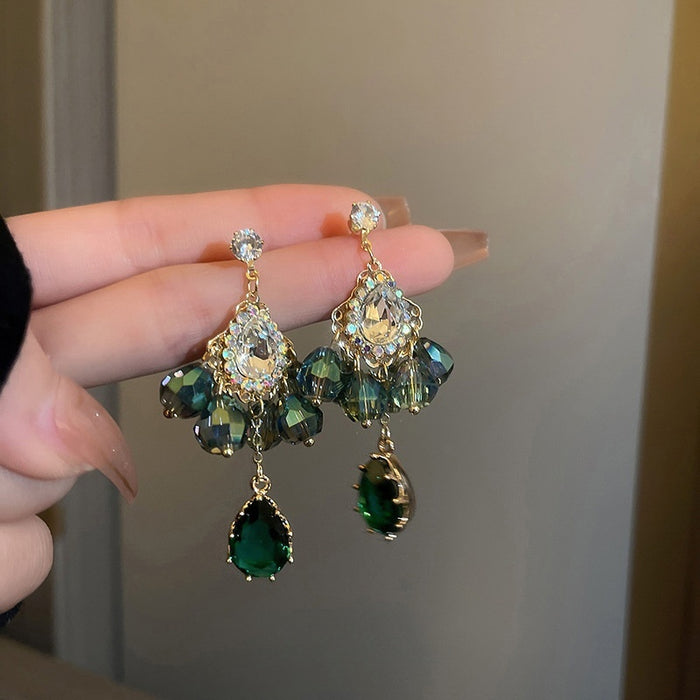 Alloy Floral Crystal Teardrop Drop Earrings With Silver Pins, Bohemian Ethnic Fashion OL Jewelry