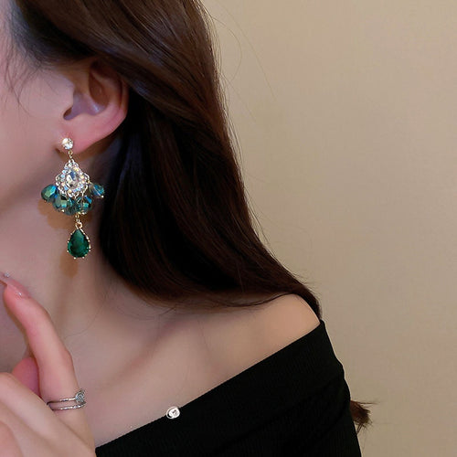 Alloy Floral Crystal Teardrop Drop Earrings With Silver Pins, Bohemian Ethnic Fashion OL Jewelry