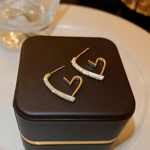 Gold Plated Alloy Heart Zircon Hoop Earrings With Silver Posts Korean Minimalist Women's Jewelry