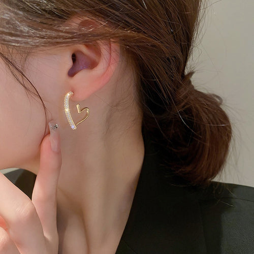 Gold Plated Alloy Heart Zircon Hoop Earrings With Silver Posts Korean Minimalist Women's Jewelry