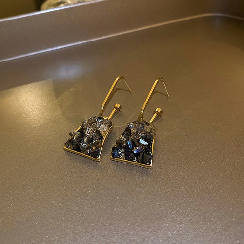 Korean Light Luxury Geometric Trapezoid Faux Crystal Copper Drop Earrings For Office Style