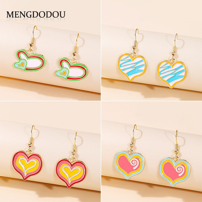 Sweet Cartoon Colorful Enamel Heart Alloy Dangle Drop Earrings For Girls Women Fashion Earrings