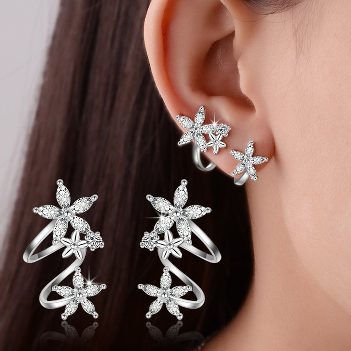 Sweet Cool Floral Curved Ear Clips With Cubic Zirconia Stud Style Earrings For Women