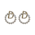 Korean Style Alloy Pearl Rhinestone Letter D Hoop Earrings With Silver Needle view 5