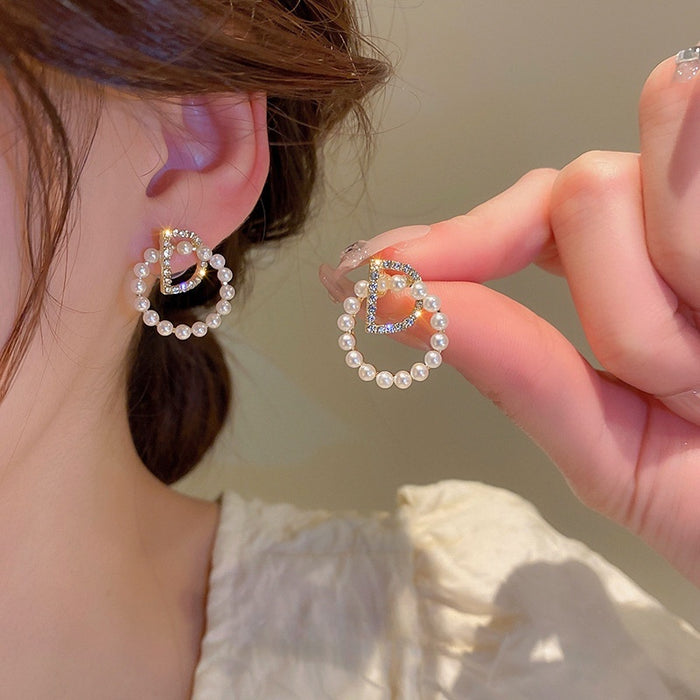 Korean Style Alloy Pearl Rhinestone Letter D Hoop Earrings With Silver Needle