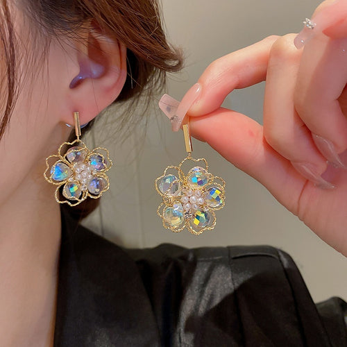 Copper Rhinestone Pearl Crystal Flower Drop Earrings, French Sweet Fashion OL Style