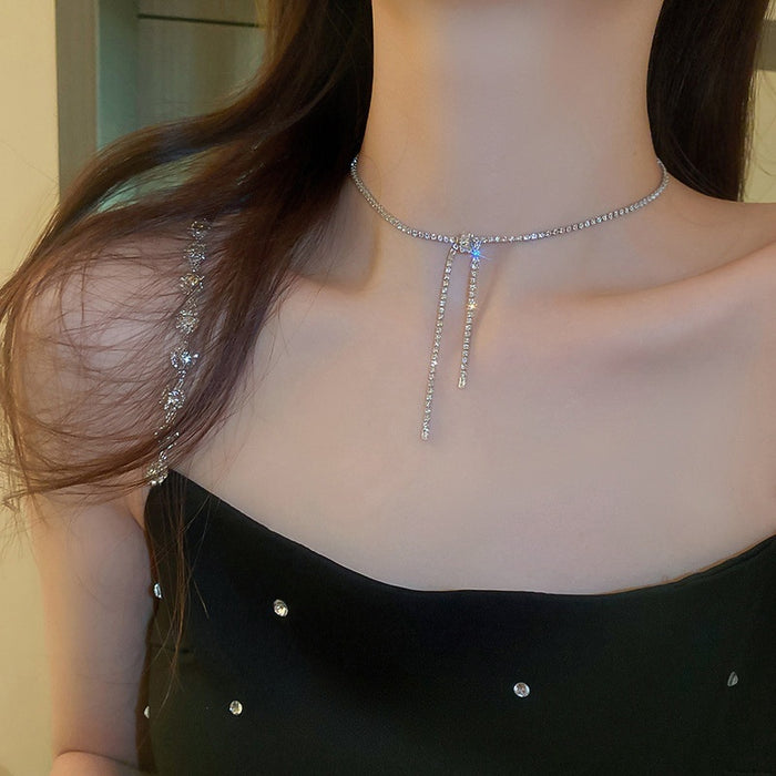 Copper Zircon Bow Necklace Adjustable Pull Choker Minimalist Light Luxury Collarbone Jewelry