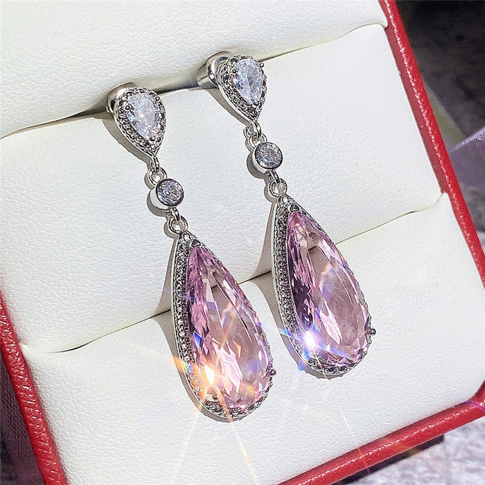 9x20mm Pink Teardrop Zircon Inlaid Earrings For Girls Elegant Drop Earring Gift