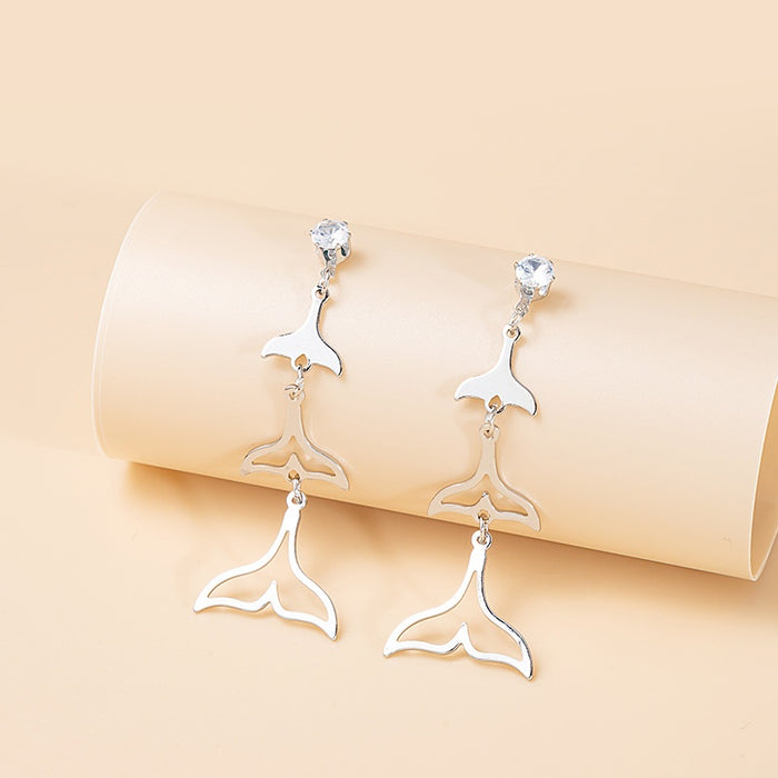 Elegant Silver Alloy Mermaid Tail Tassel Drop Studs With Rhinestone Crystal Hollow Charm Earrings