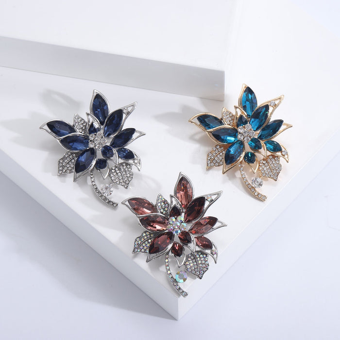 Alloy Crystal Flower Brooch Pin For Coats And Suits