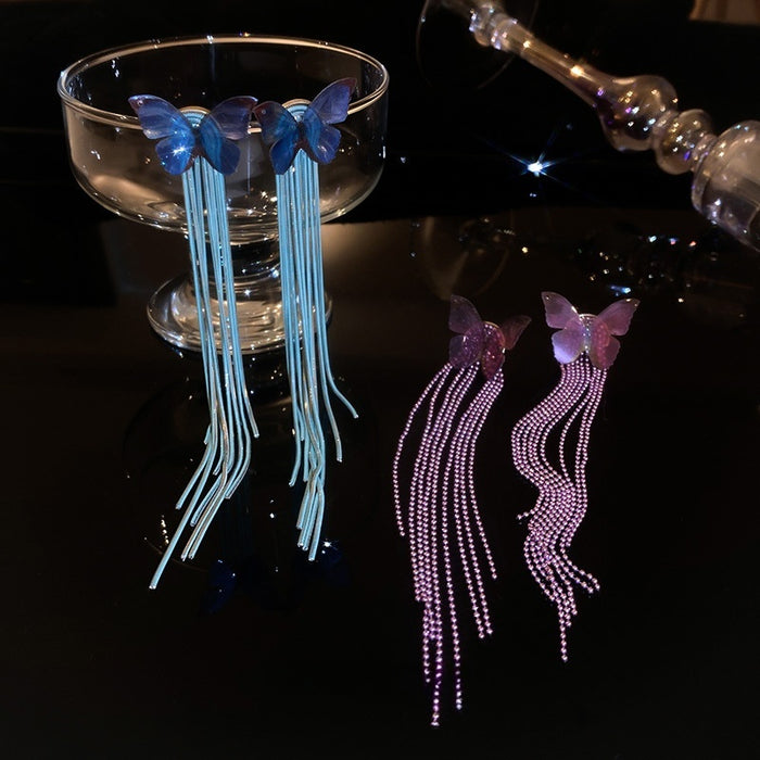 Alloy Butterfly Long Tassel Drop Earrings, European American Fashion Statement Stud Earrings