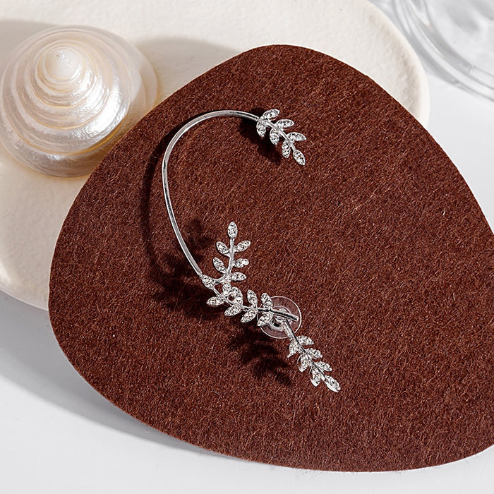Elegant Rhinestone Olive Branch Ear Cuff Studs With Back Hanging Tassel Leaf Climber Earrings