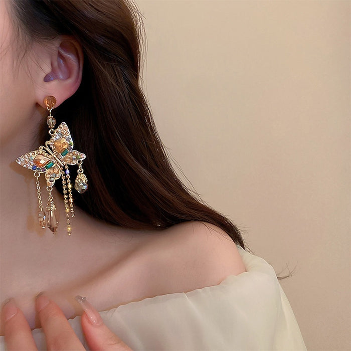 Alloy Silver Needle Butterfly Crystal Tassel Drop Earrings Boho Light Luxury Fashion OL Jewelry