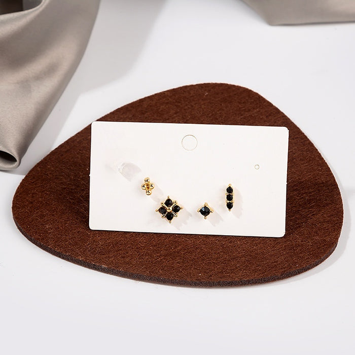 Elegant Korean Style Black Rhinestone Geometric Diamond Flower Gold Alloy Mismatched Stud Set Earrings