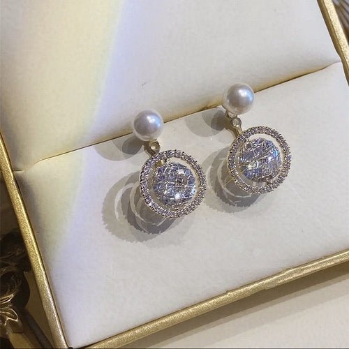 Gold Plated Copper Pearl Zircon Mesh Hoop Earrings With Silver Pins For Fashion OL Women