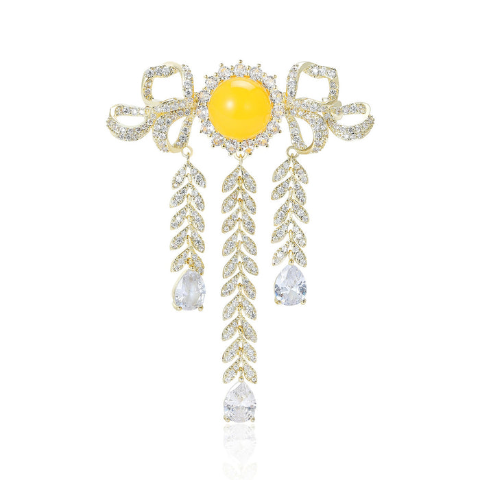 Copper Zircon Palace Tassel Brooch Pin For Elegant Apparel