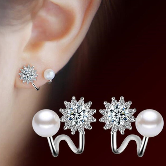 Sunflower Faux Pearl Ear Clips For Women, Delicate Zircon Stud Earrings Celebrity Style