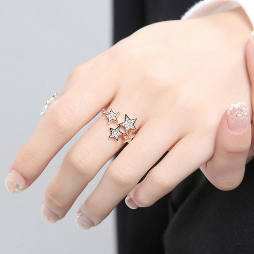 Korean Sweet Star Ring For Women, Full Rhinestone Open Five Point Star Adjustable Student Jewelry