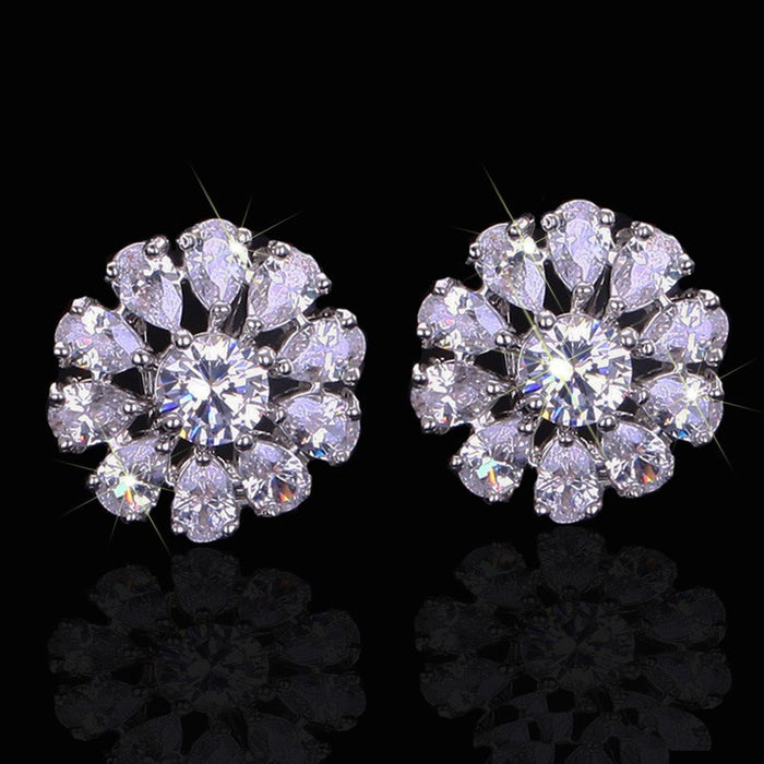 Snowflake Stud Earrings With Sparkling Teardrop Flower Zircon, Crystal Elegant Earrings For Women