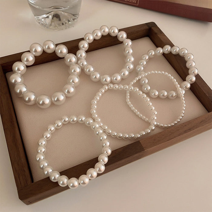 French Vintage Minimalist Pearl Elastic Bangle, Light Luxury Geometric Circle Bracelet