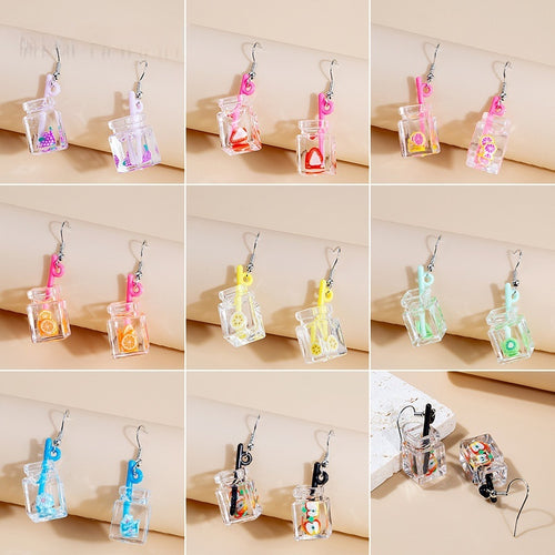 Cute Acrylic Fruit Juice Milk Tea Cup Drop Dangle With Lemon Strawberry Grape Charm Earrings