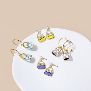 Cute Colorblock Enamel Handbag Pearl Stud Drop Earrings For Women Elegant Alloy Mini Purse Charm Earrings