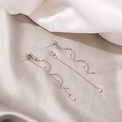 Elegant Twisted Spiral Tassel Silver Needle Alloy Micro Paved Zircon Long Drop Stud Earrings