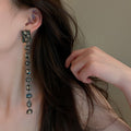 Alloy Rhinestone Square Long Tassel Drop Earrings Fashion OL Statement Stud Earrings For Women view 3