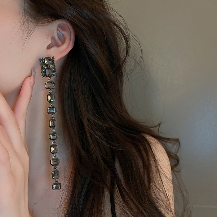 Alloy Rhinestone Square Long Tassel Drop Earrings Fashion OL Statement Stud Earrings For Women