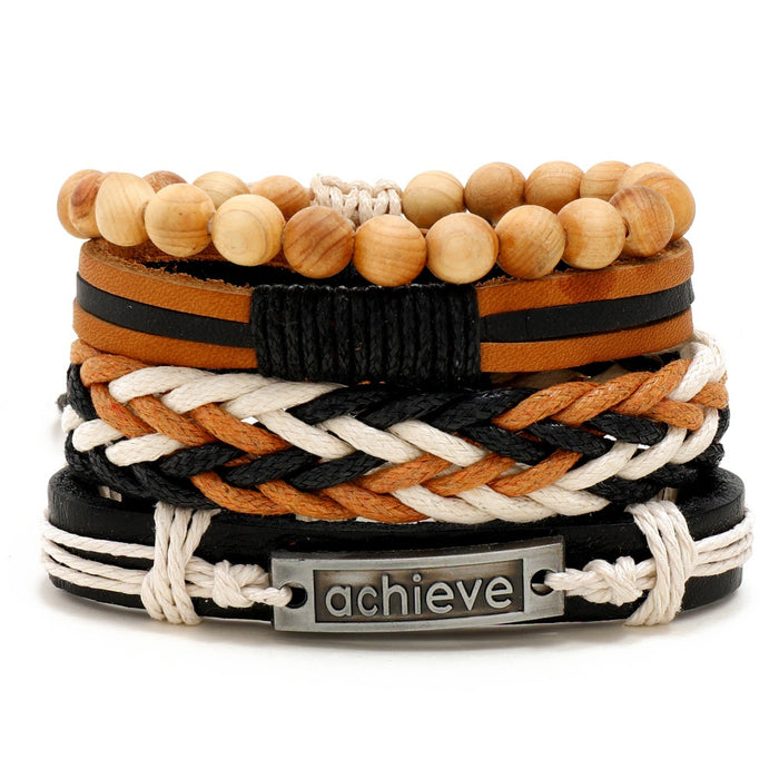 Simple Handmade Braided Leather Bracelet 4 Piece DIY Set Mens Fashion Accessory