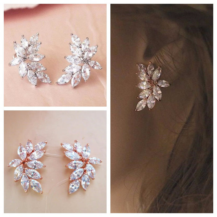 Sparkling Marquise Cubic Zirconia Crystal Leaf Stud Earrings For Women