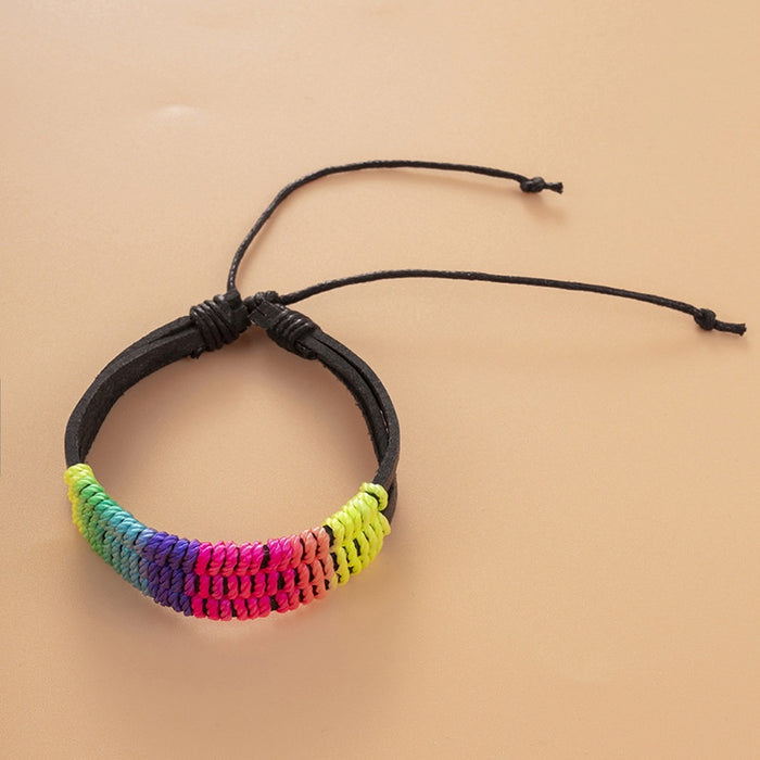 Handmade Colorful Woven Leather Bracelet Simple Bohemian Rainbow Wristband Rope Bracelet