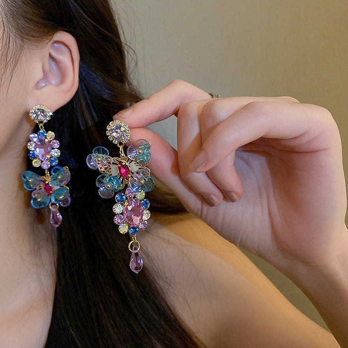 Asymmetric Faux Crystal Flower Drop Earrings With Silver Pins Bohemian Office Lady Style
