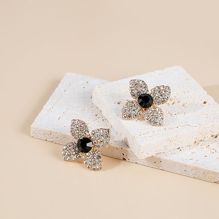 Elegant Four Petal Flower Studs With Micro Pave Rhinestones And Black Crystal Center Earrings