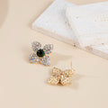 Elegant Four Petal Flower Studs With Micro Pave Rhinestones And Black Crystal Center Earrings view 4