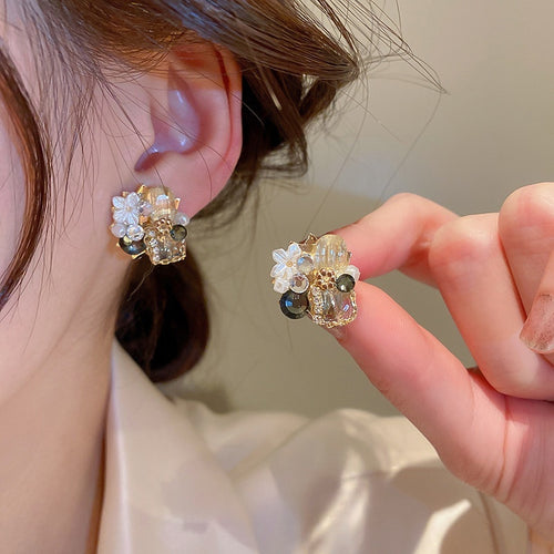 Vintage Copper Crystal Rhinestone Flower Geometric Stud Earrings For Women Korean OL Fashion Jewelry