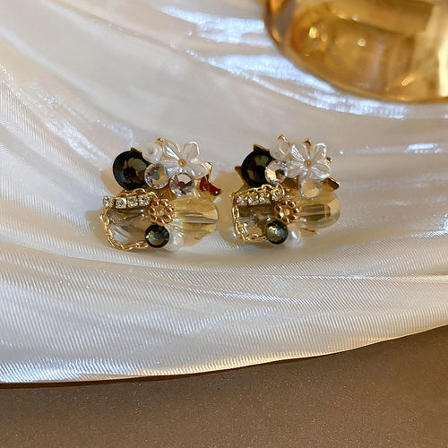 Vintage Copper Crystal Rhinestone Flower Geometric Stud Earrings For Women Korean OL Fashion Jewelry