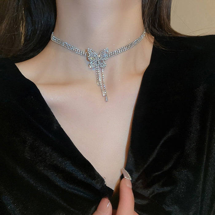 Copper Zircon Butterfly Tassel Multi Layer Choker Necklace, French OL Collarbone Jewelry