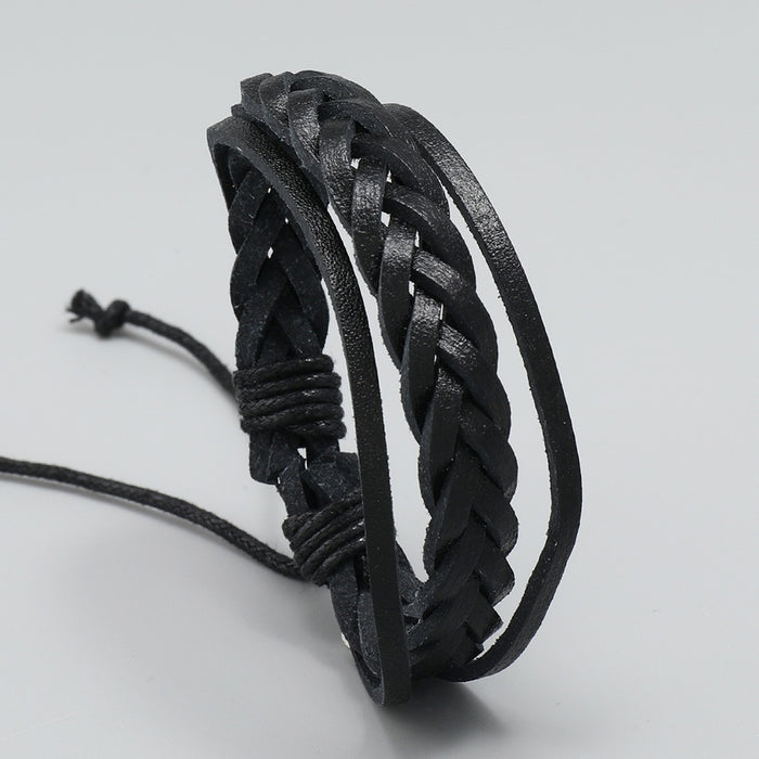 Simple Handmade Multi Layer Braided Black Leather Bracelet Adjustable Men's Wristband