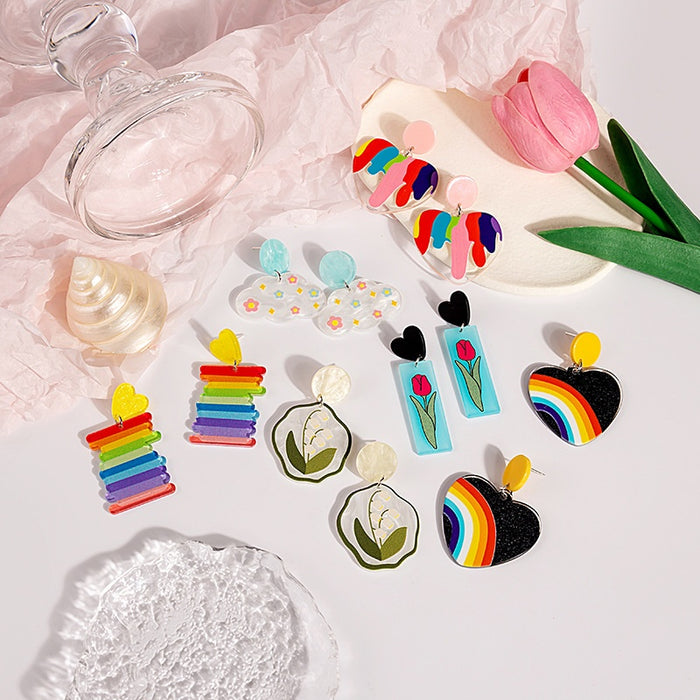 Cute Colorful Acrylic Rainbow Heart Flower Cartoon Stud Dangle Earrings for Girls Sweet Kawaii Earrings